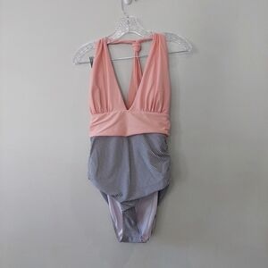 Cupshe One-Piece Swimsuit Large pink black white stripes halter top Med Coverage